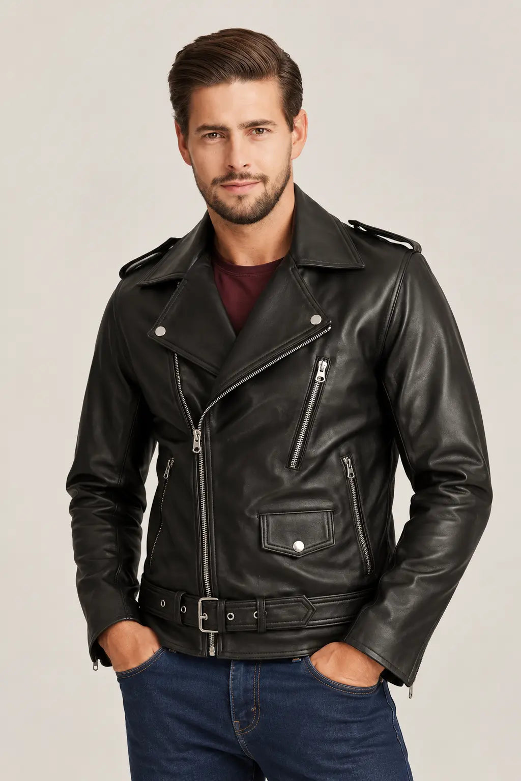 Sowachi Men's Black Asymmetrical Belted Biker Leather Jacket