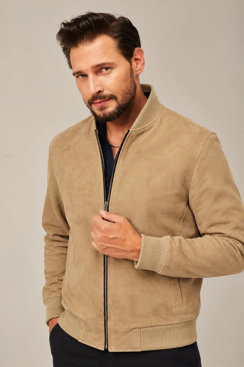 Sowachi Men's Camel Brown Real Suede Leather Bomber Jacket