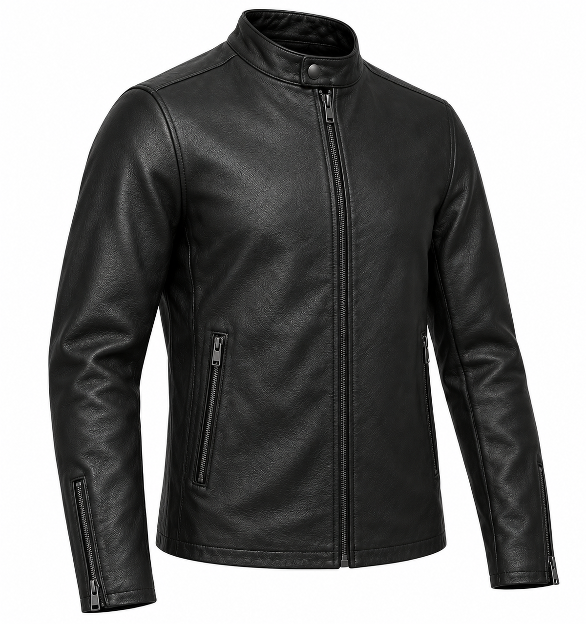 Men’s Black Sheepskin Leather Stand-Collar Cafe Racer Jacket — J001