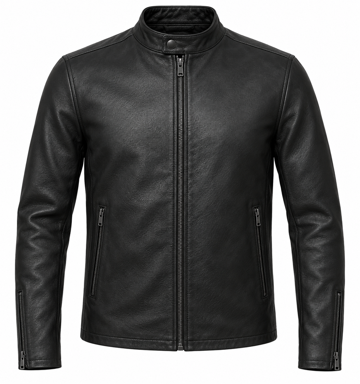 Men’s Black Sheepskin Leather Stand-Collar Cafe Racer Jacket — J001