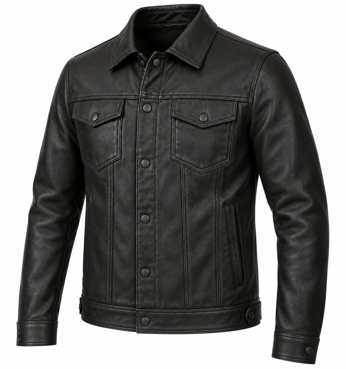 Men’s Black Sheepskin Leather Twin-Chest Trucker Jacket — J004