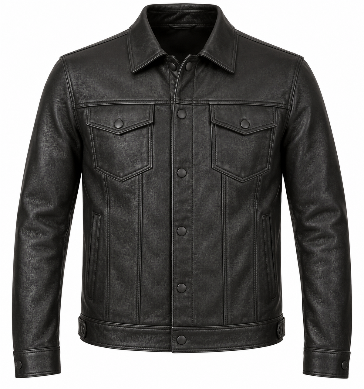 Men’s Black Sheepskin Leather Twin-Chest Trucker Jacket — J004