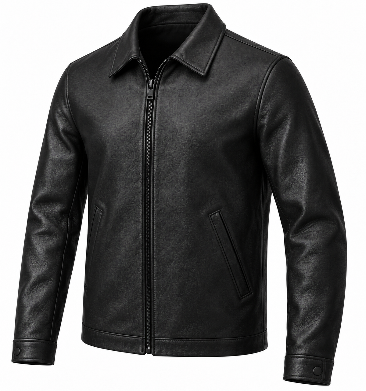 Men’s Black Sheepskin Leather Minimal Shirt-Collar Zip Jacket — J006