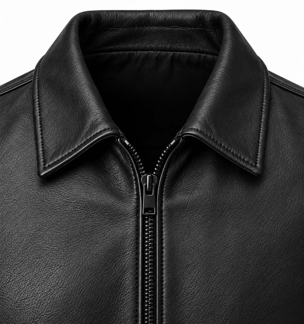 Men’s Black Sheepskin Leather Minimal Shirt-Collar Zip Jacket — J006