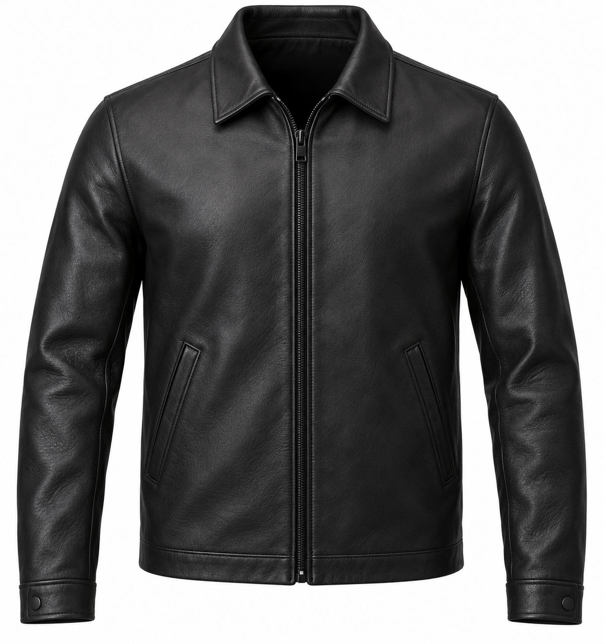 Men’s Black Sheepskin Leather Minimal Shirt-Collar Zip Jacket — J006