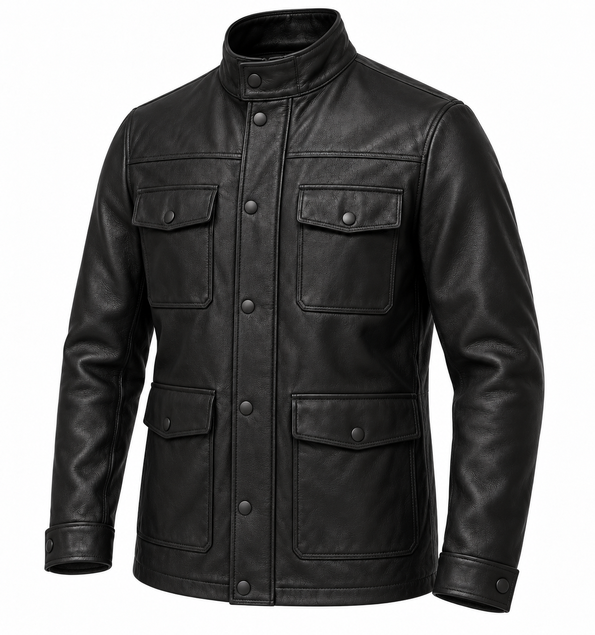 Men’s Black Sheepskin Leather Four-Pocket Field Jacket — J007