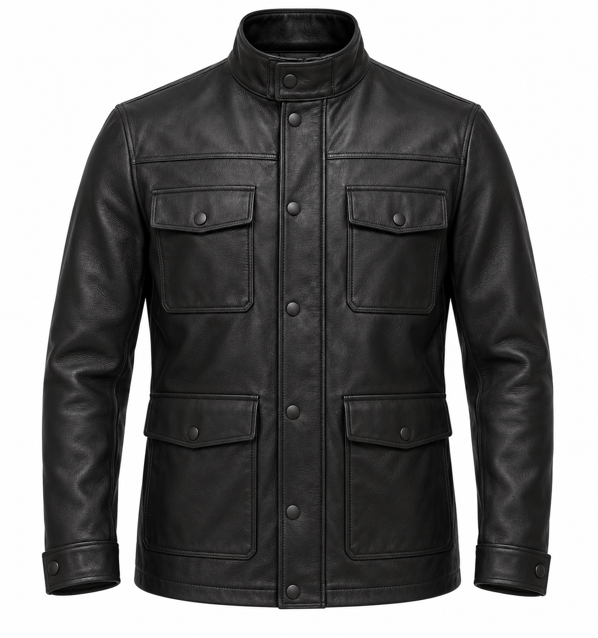 Men’s Black Sheepskin Leather Four-Pocket Field Jacket — J007