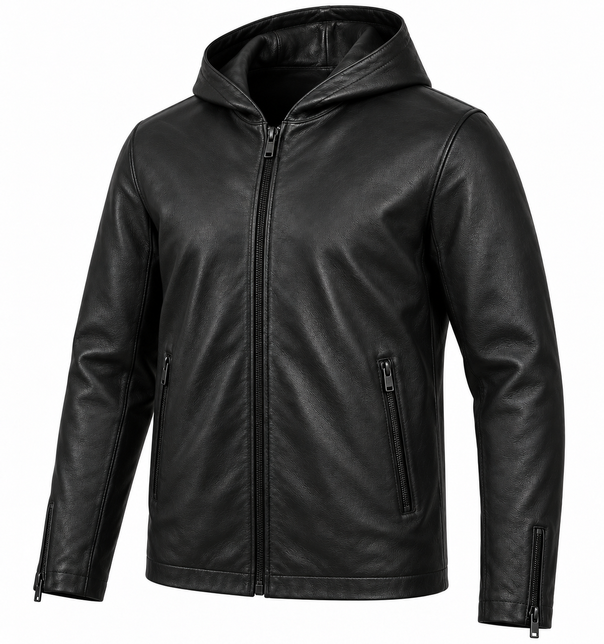 Men’s Black Sheepskin Leather Hooded Zip Jacket — J008
