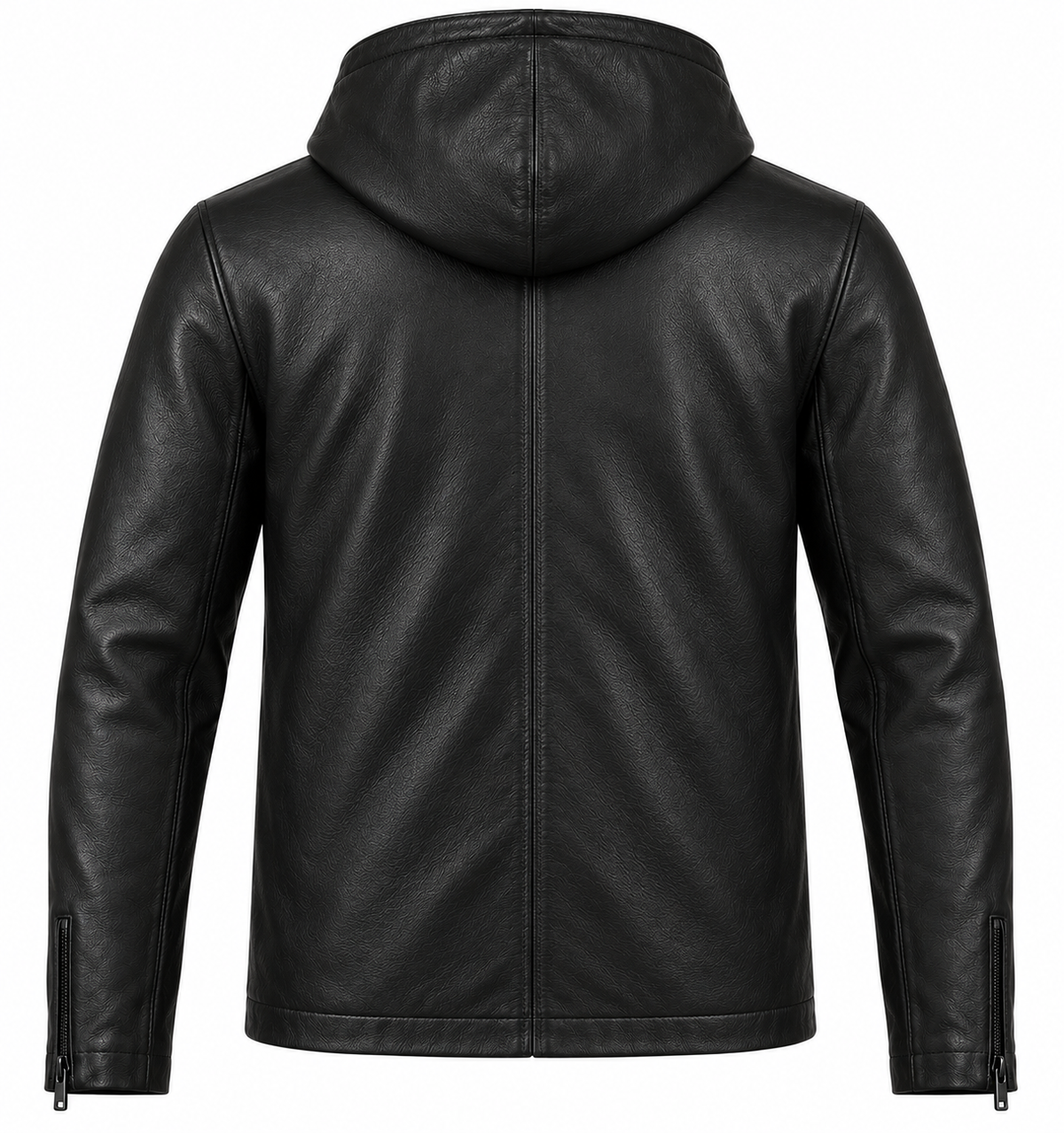 Men’s Black Sheepskin Leather Hooded Zip Jacket — J008