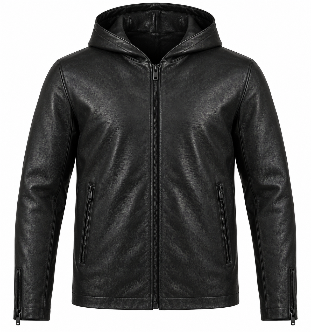 Men’s Black Sheepskin Leather Hooded Zip Jacket — J008