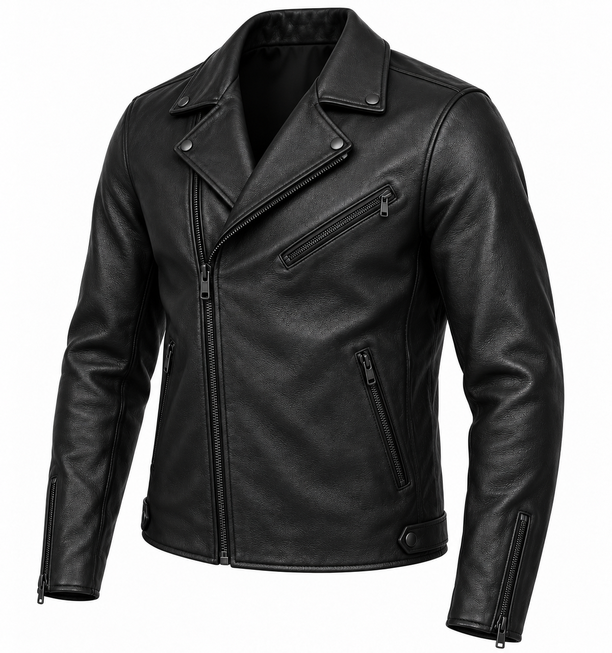 Men’s Black Sheepskin Leather Beltless Asymmetric Moto Jacket — J009
