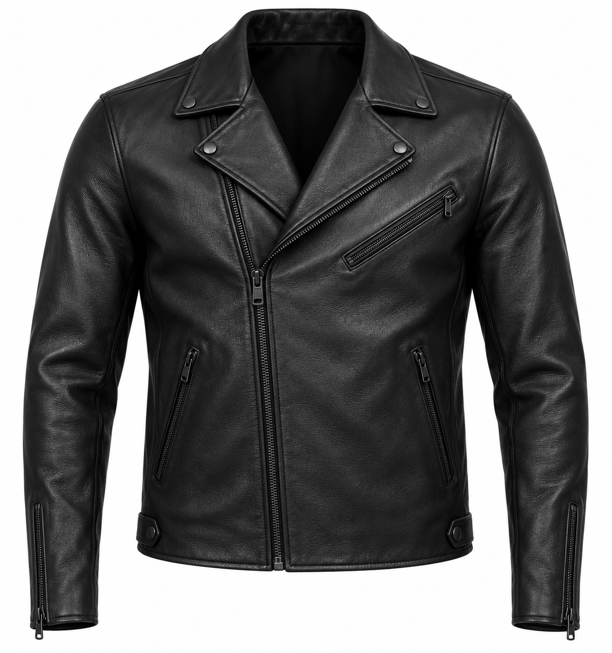 Men’s Black Sheepskin Leather Beltless Asymmetric Moto Jacket — J009