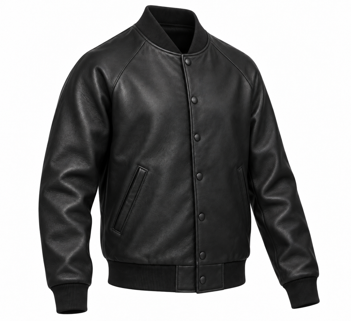 Men’s Black Sheepskin Leather Baseball Snap Jacket — J010