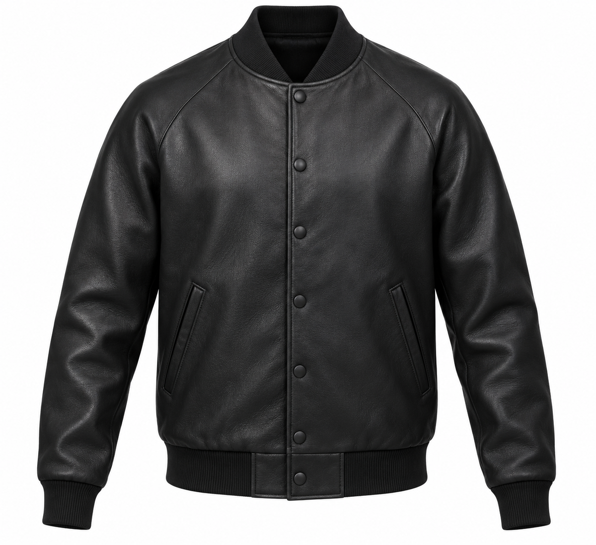 Men’s Black Sheepskin Leather Baseball Snap Jacket — J010
