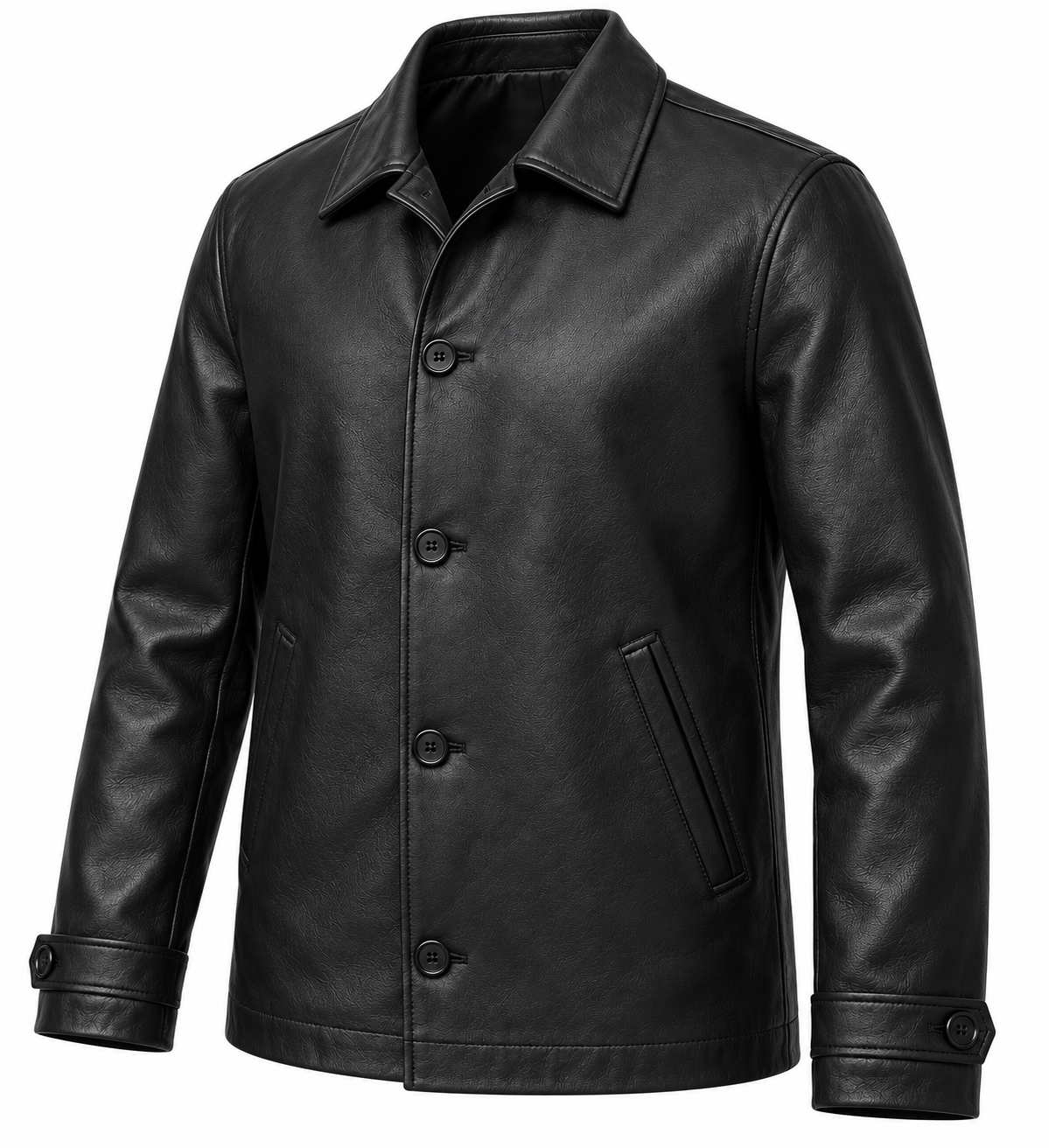 Men’s Black Sheepskin Leather Button-Front Car Jacket — J011