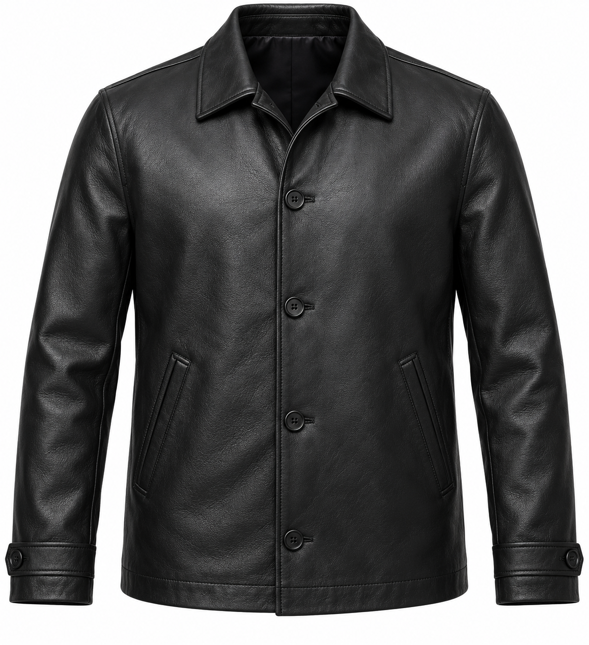 Men’s Black Sheepskin Leather Button-Front Car Jacket — J011