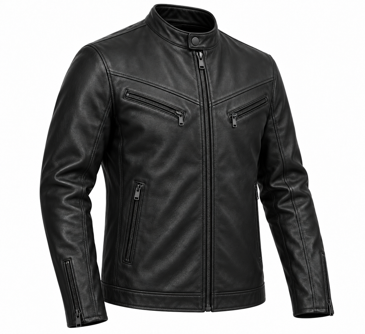 Men’s Black Sheepskin Leather Chevron-Yoke Moto Jacket — J013