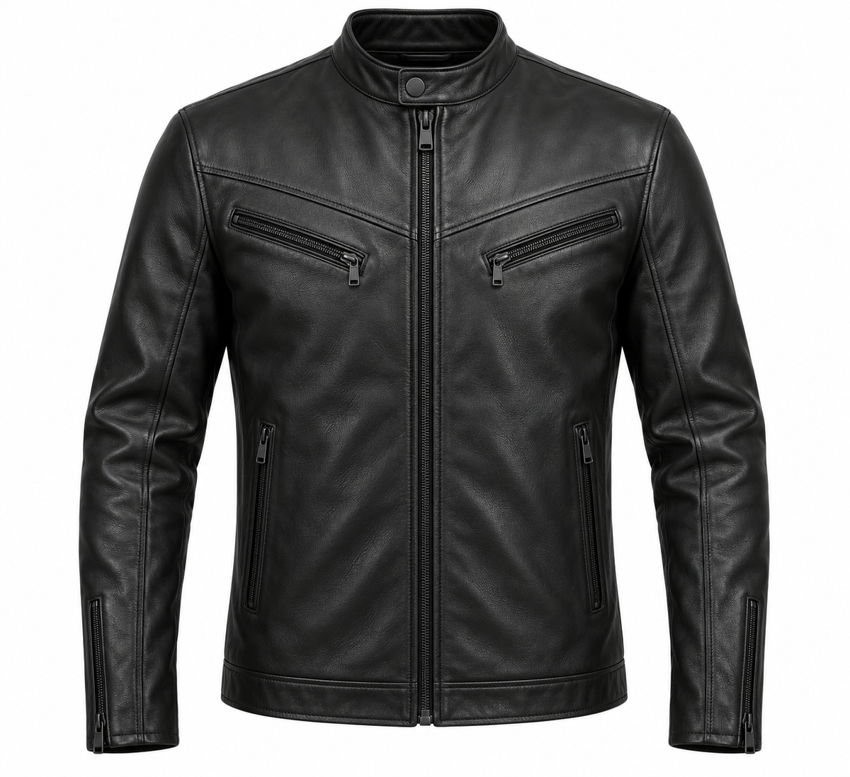 Men’s Black Sheepskin Leather Chevron-Yoke Moto Jacket — J013