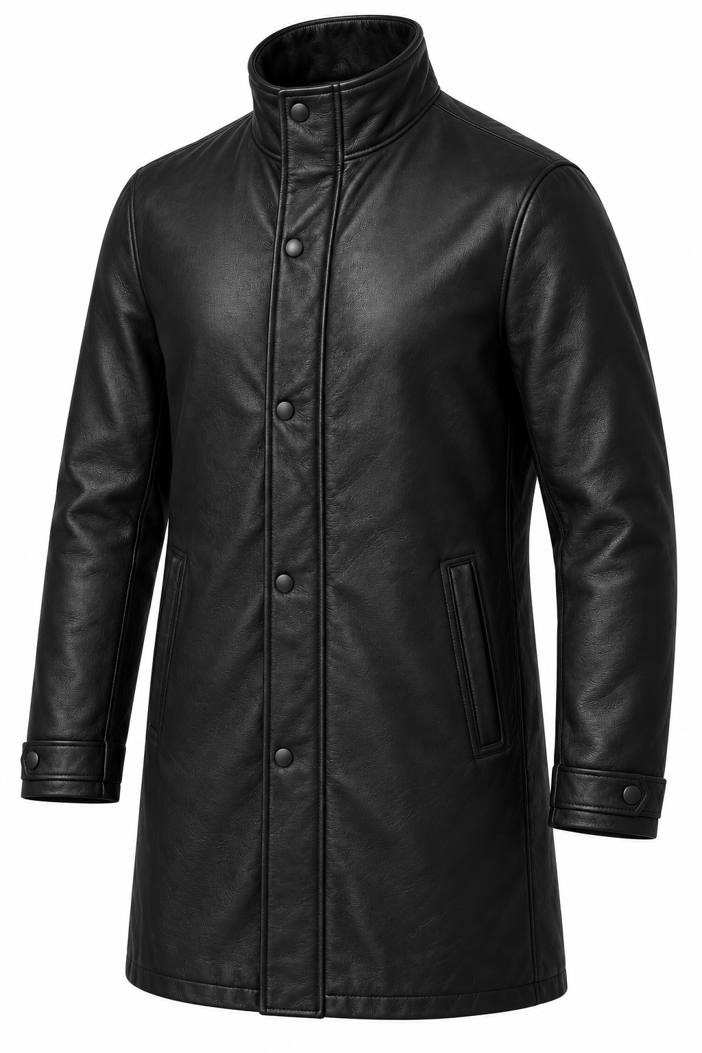 Men’s Black Sheepskin Leather Longline Stand-Collar Jacket — J015