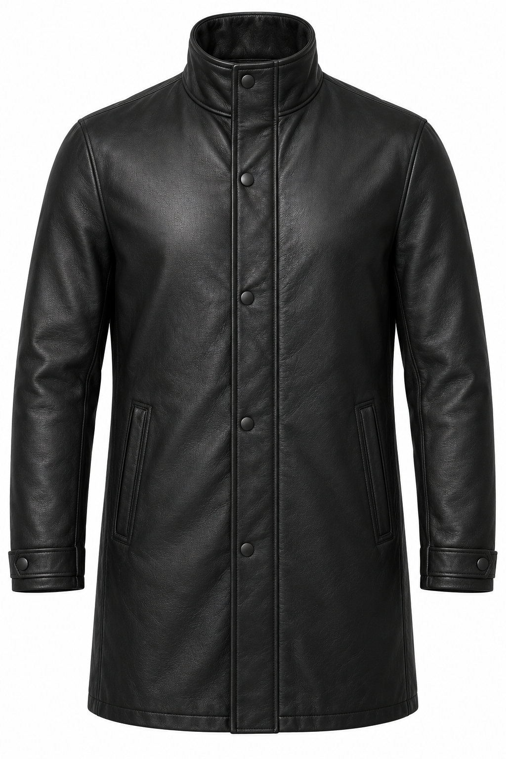 Men’s Black Sheepskin Leather Longline Stand-Collar Jacket — J015