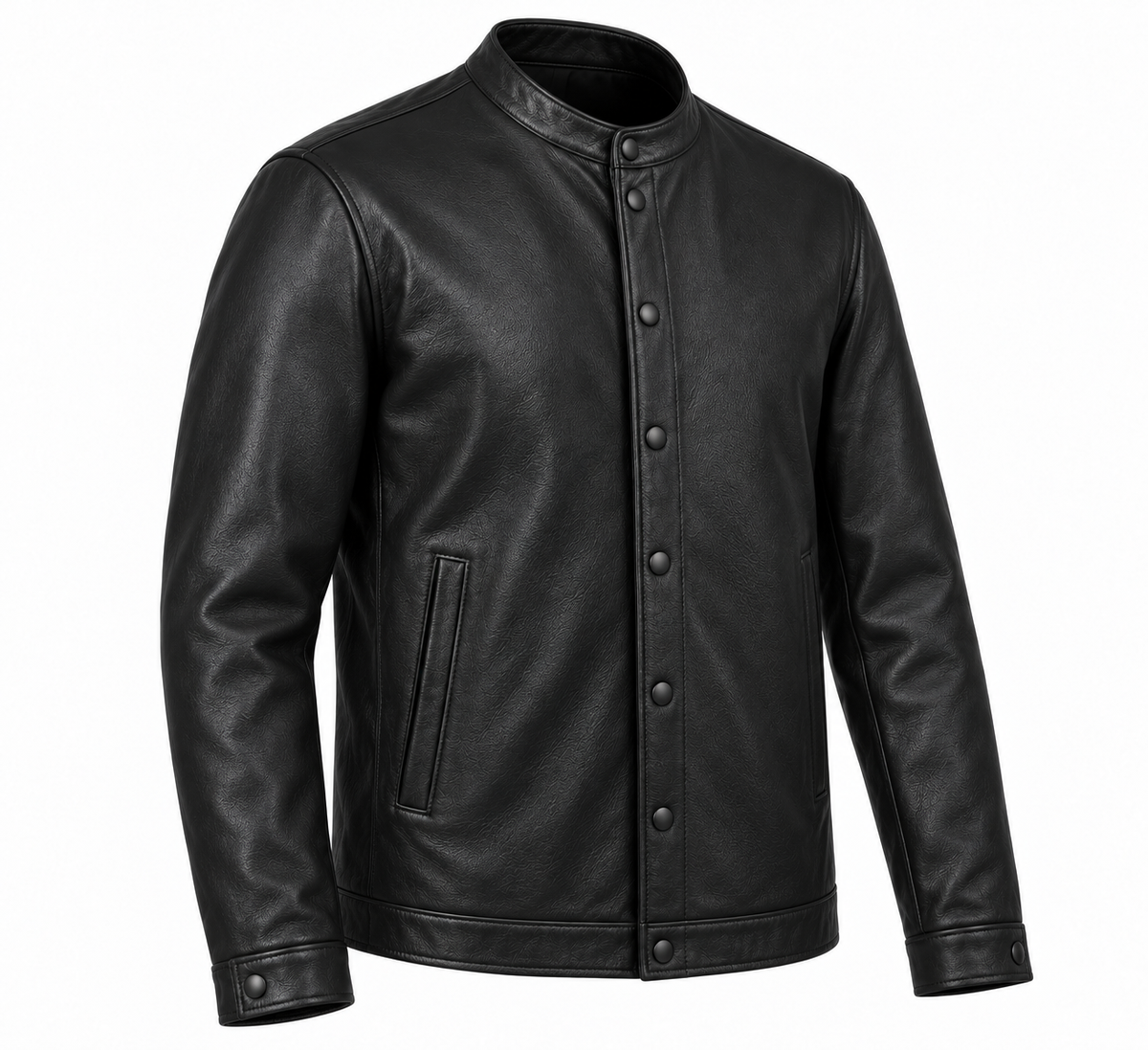 Men’s Black Sheepskin Leather Band-Collar Snap Jacket — J017