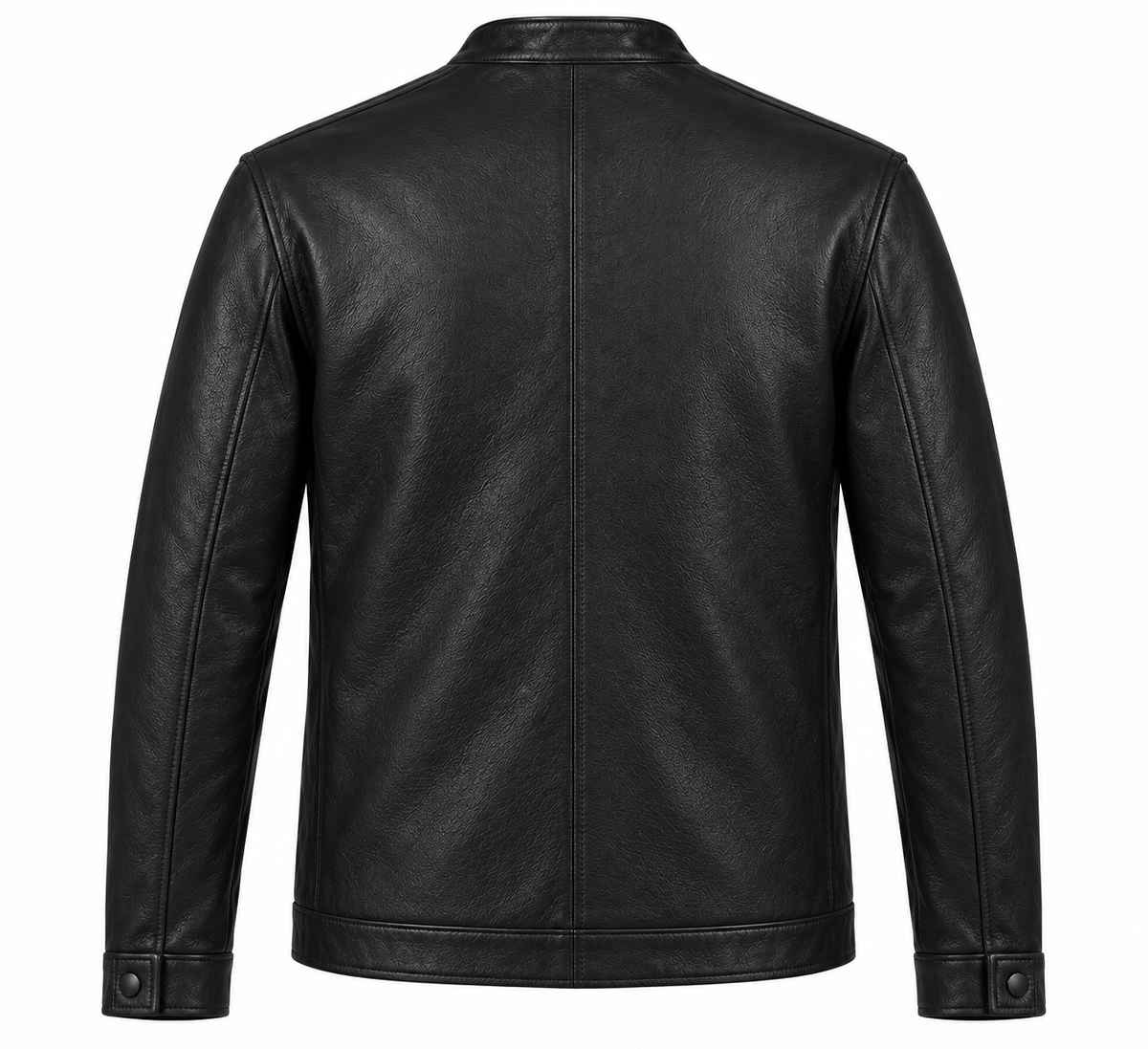 Men’s Black Sheepskin Leather Band-Collar Snap Jacket — J017
