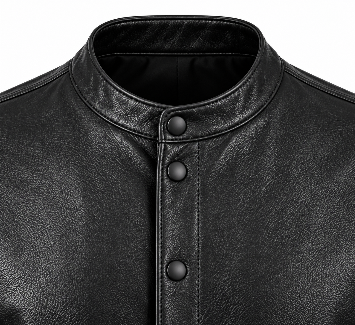 Men’s Black Sheepskin Leather Band-Collar Snap Jacket — J017