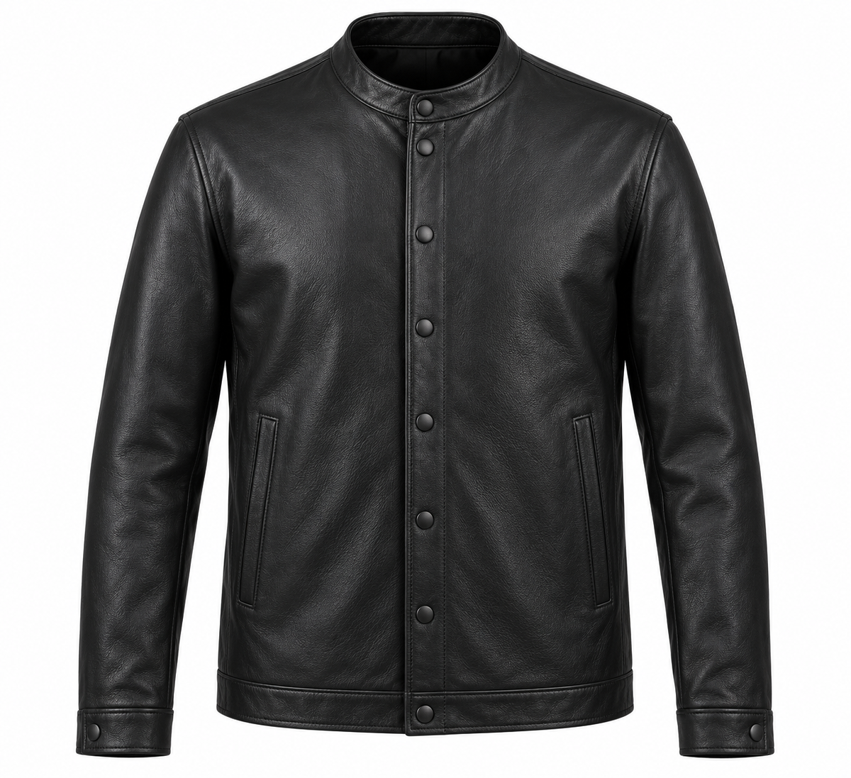 Men’s Black Sheepskin Leather Band-Collar Snap Jacket — J017