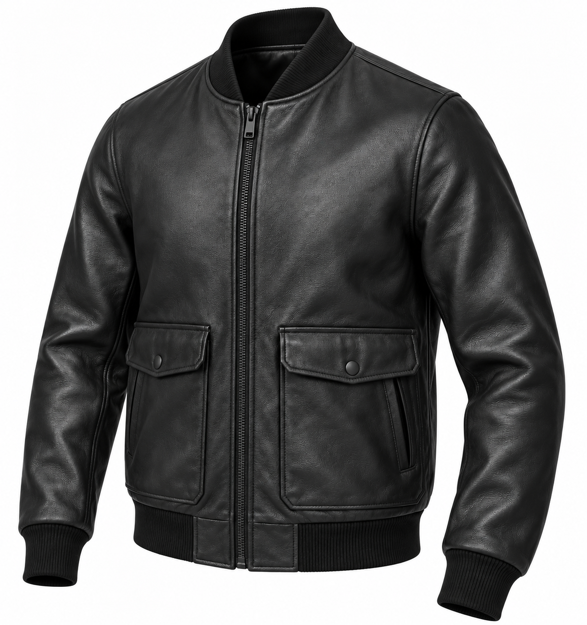 Men’s Black Sheepskin Leather Dual-Entry Pocket Bomber Jacket — J019