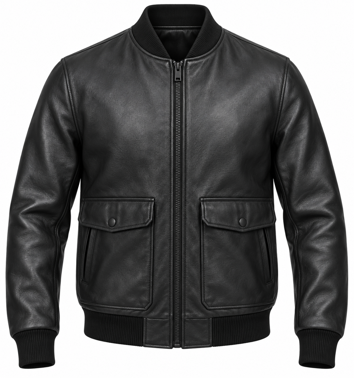 Men’s Black Sheepskin Leather Dual-Entry Pocket Bomber Jacket — J019