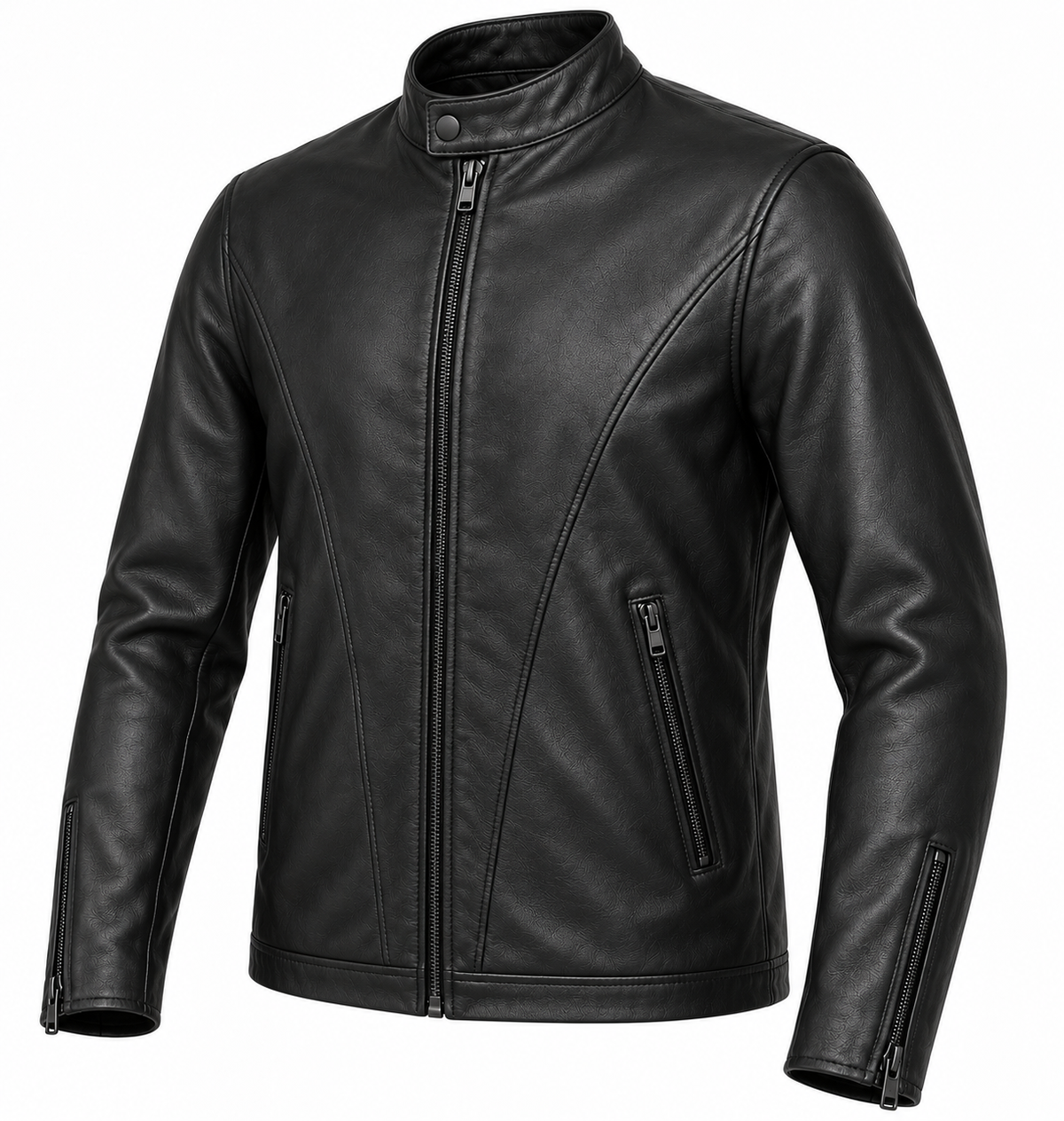 Men’s Black Sheepskin Leather Diagonal-Panel Racer Jacket — J020
