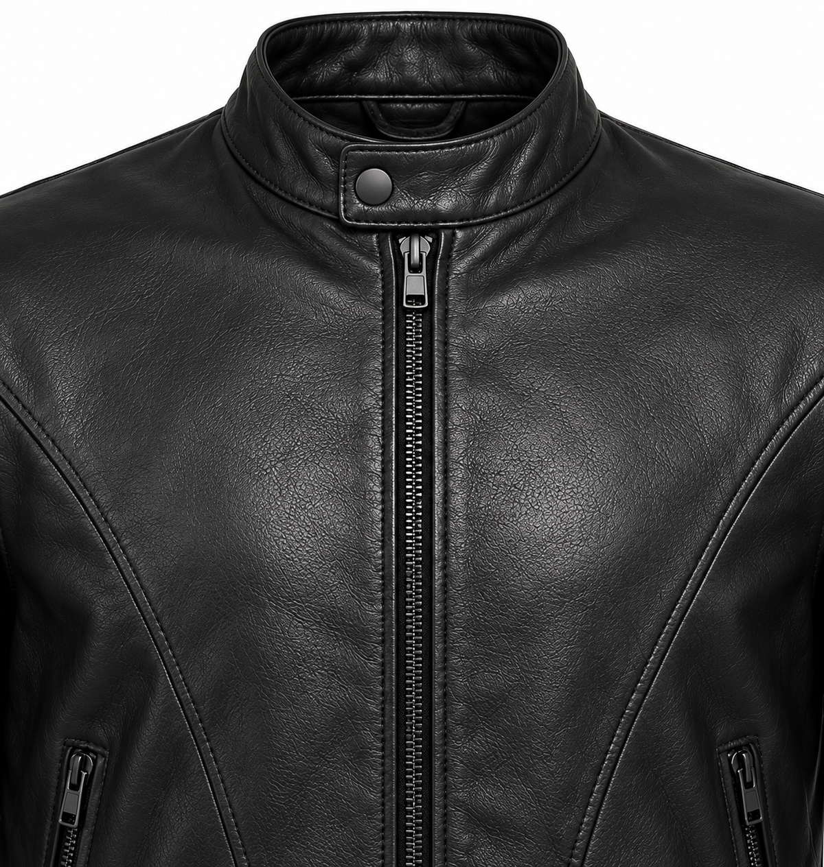 Men’s Black Sheepskin Leather Diagonal-Panel Racer Jacket — J020
