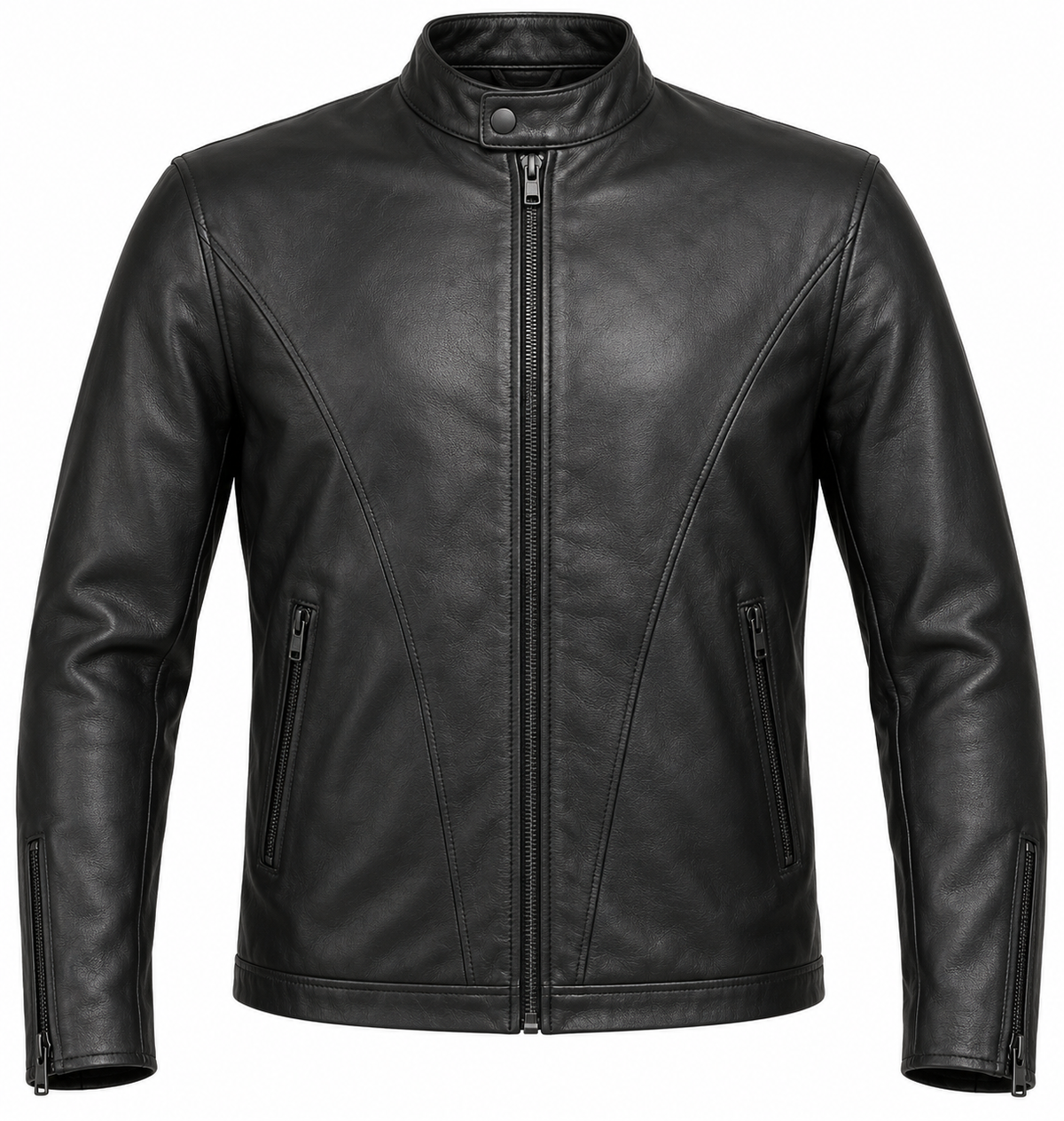 Men’s Black Sheepskin Leather Diagonal-Panel Racer Jacket — J020