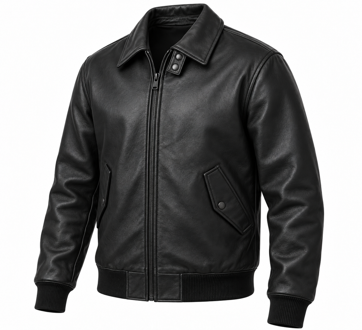 Men’s Black Sheepskin Leather Spread-Collar Harrington Jacket — J021