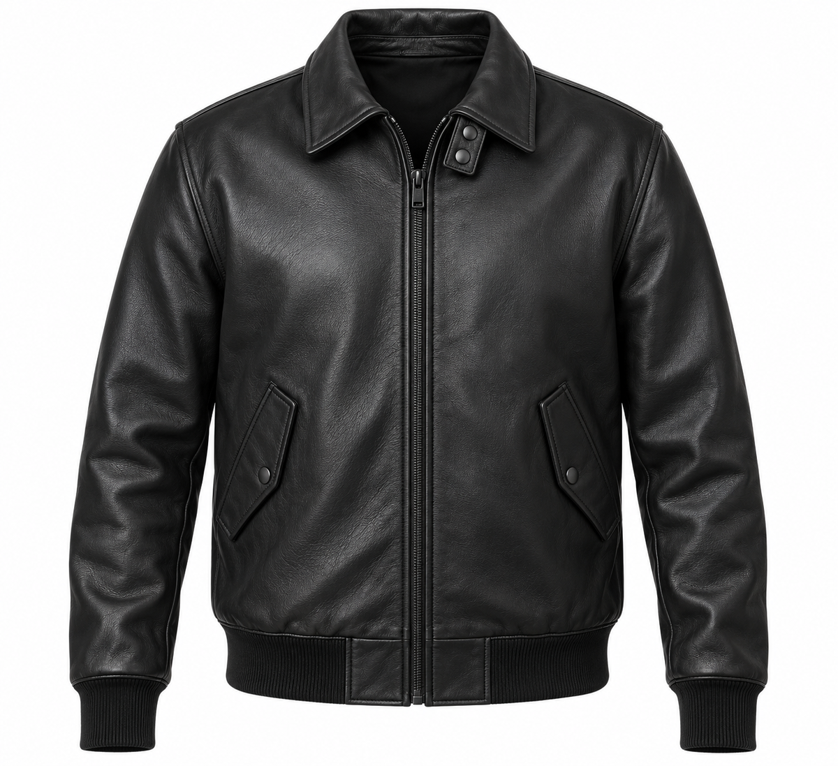 Men’s Black Sheepskin Leather Spread-Collar Harrington Jacket — J021