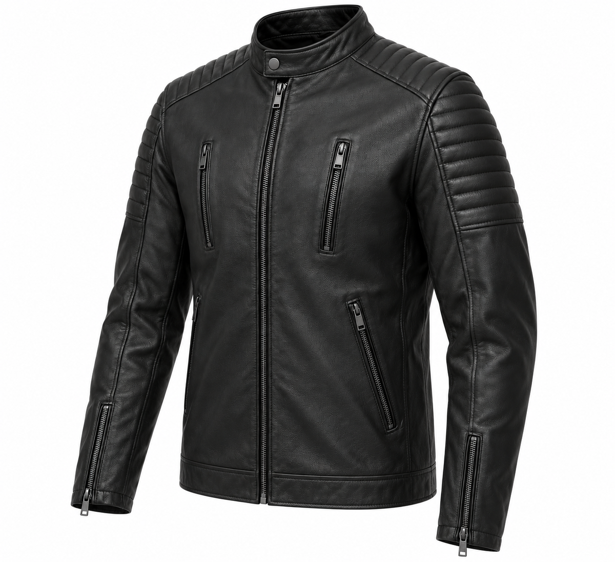 Men’s Black Sheepskin Leather Channel-Shoulder Moto Jacket — J023