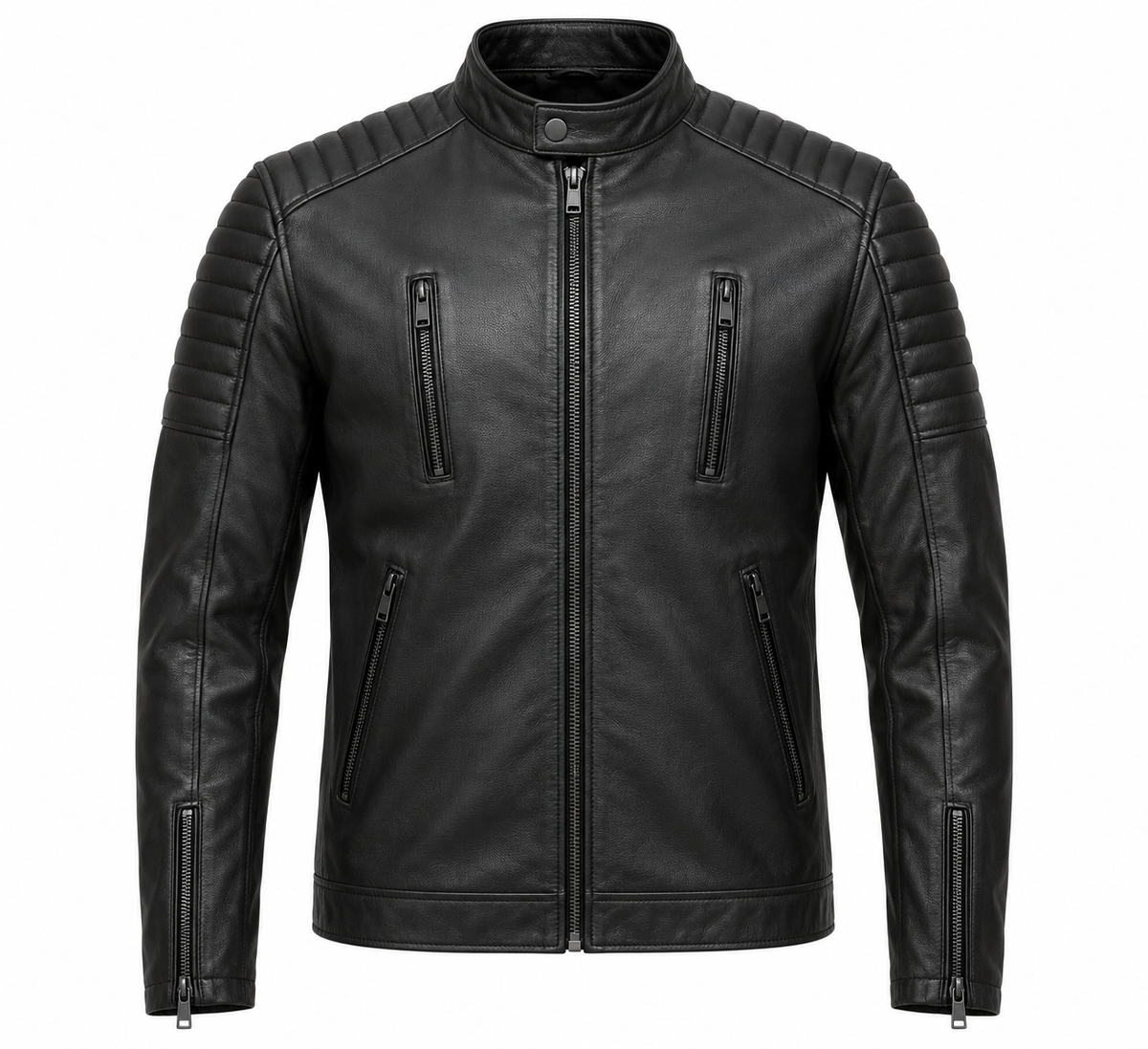Men’s Black Sheepskin Leather Channel-Shoulder Moto Jacket — J023
