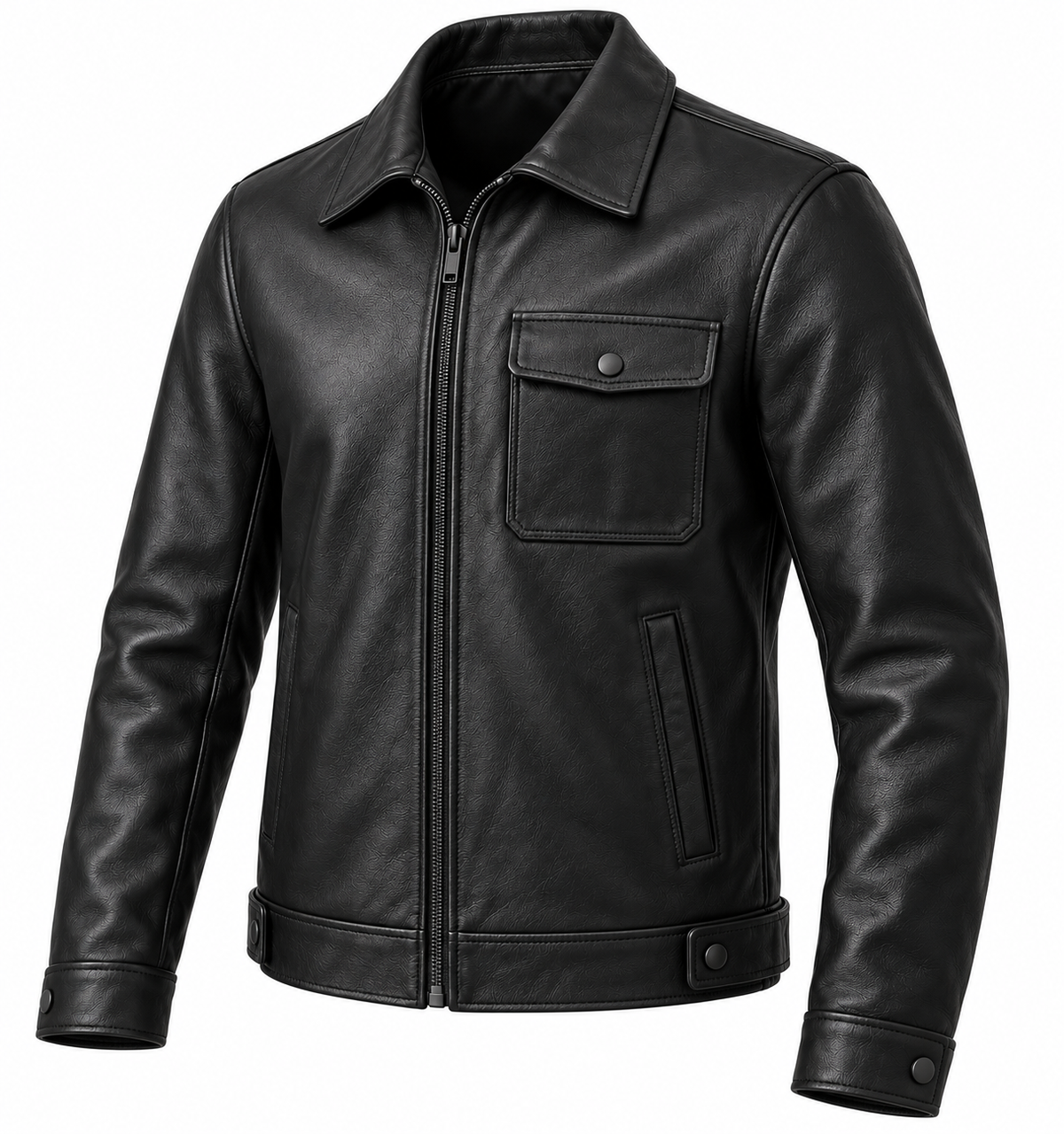 Men’s Black Sheepskin Leather Waist-Tab Shirt Jacket — J025