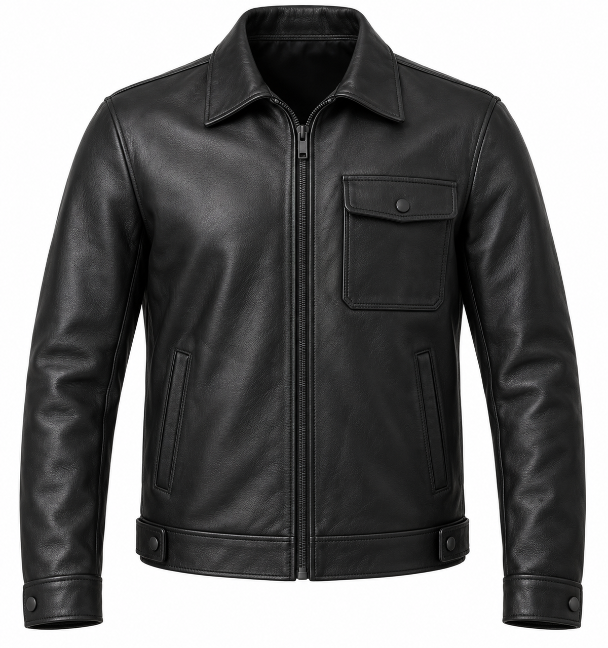 Men’s Black Sheepskin Leather Waist-Tab Shirt Jacket — J025
