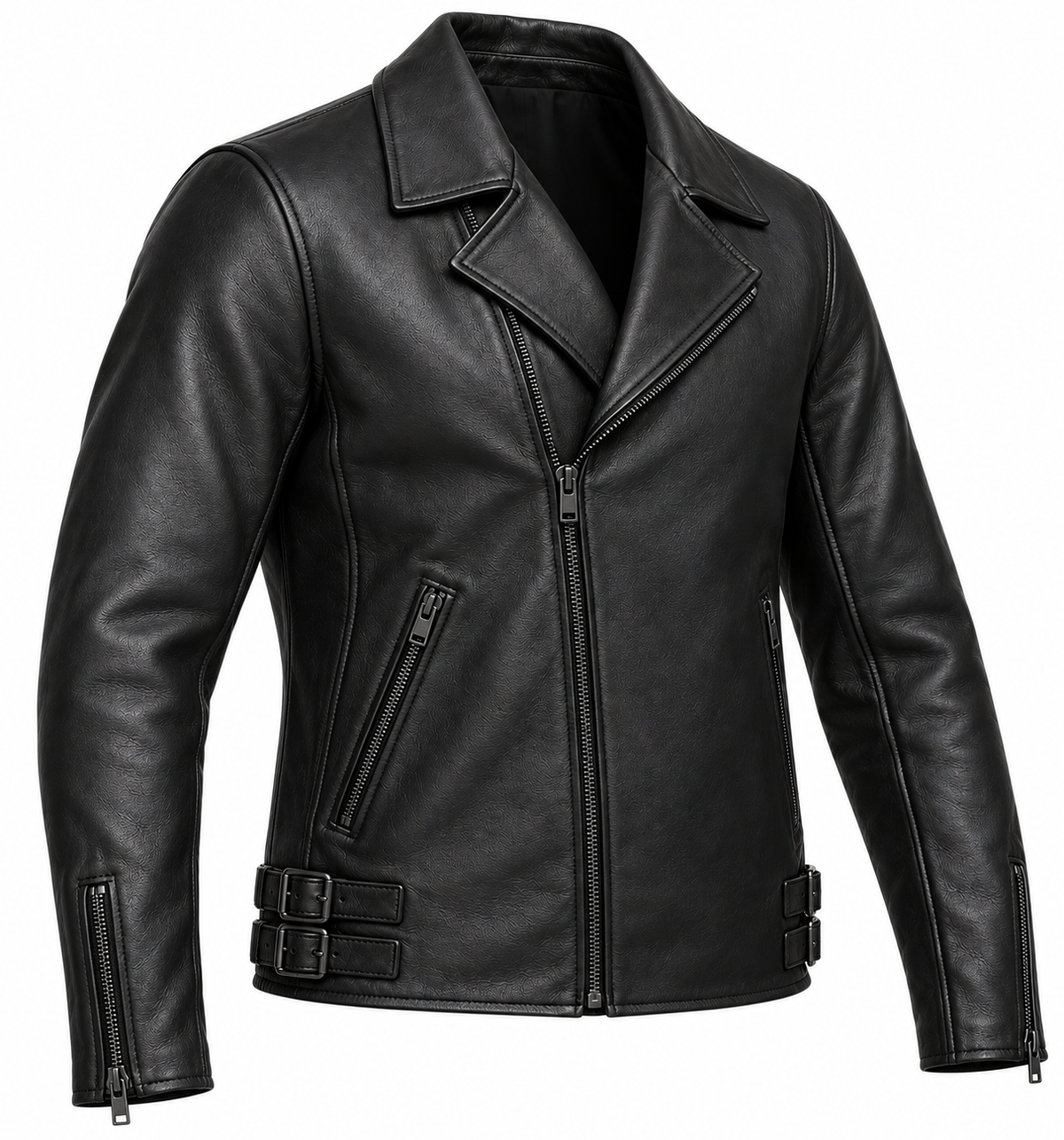 Men’s Black Sheepskin Leather Twin-Buckle Moto Jacket — J026