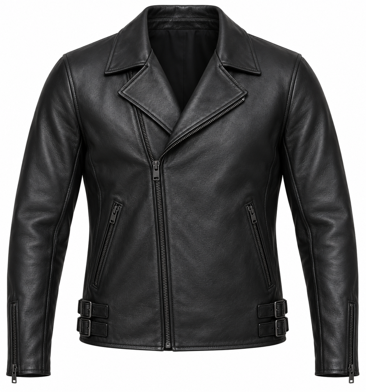 Men’s Black Sheepskin Leather Twin-Buckle Moto Jacket — J026