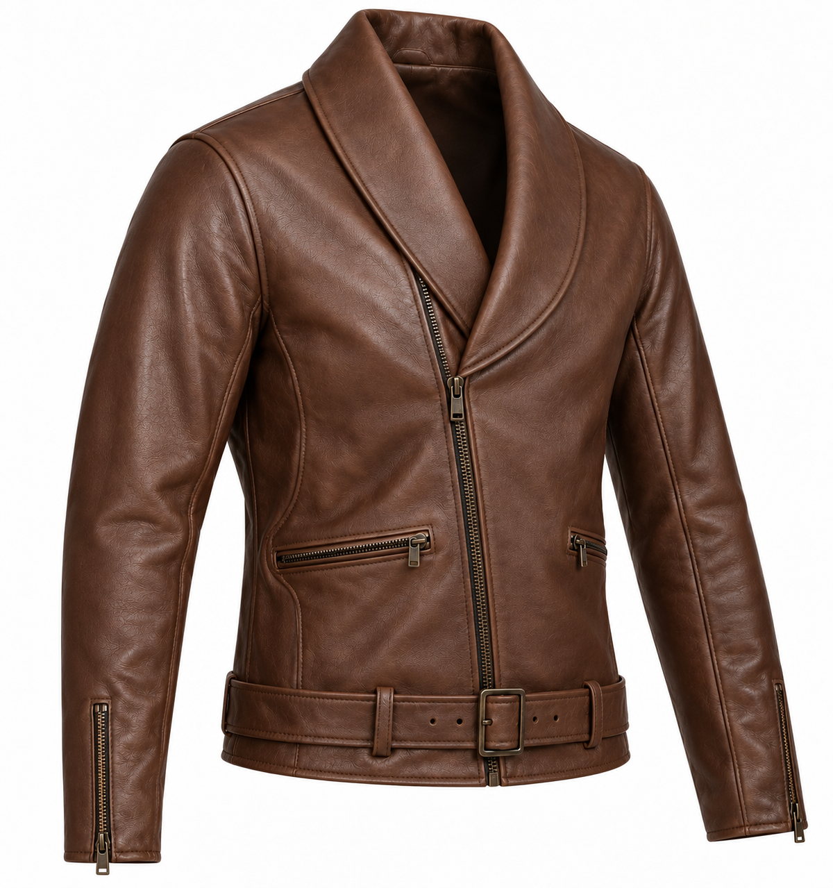 Men’s Brown Sheepskin Leather Shawl-Collar Wrap Moto Jacket — J032