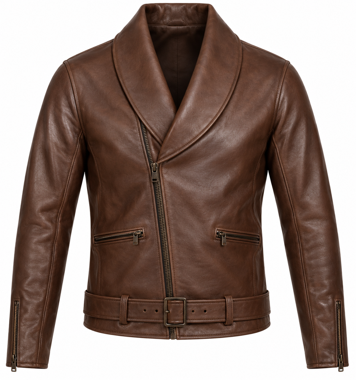 Men’s Brown Sheepskin Leather Shawl-Collar Wrap Moto Jacket — J032