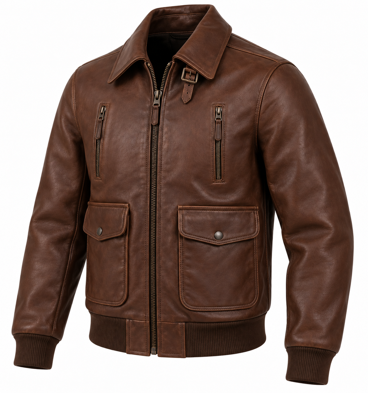 Men’s Brown Sheepskin Leather Buckle-Throat Aviator Jacket — J033