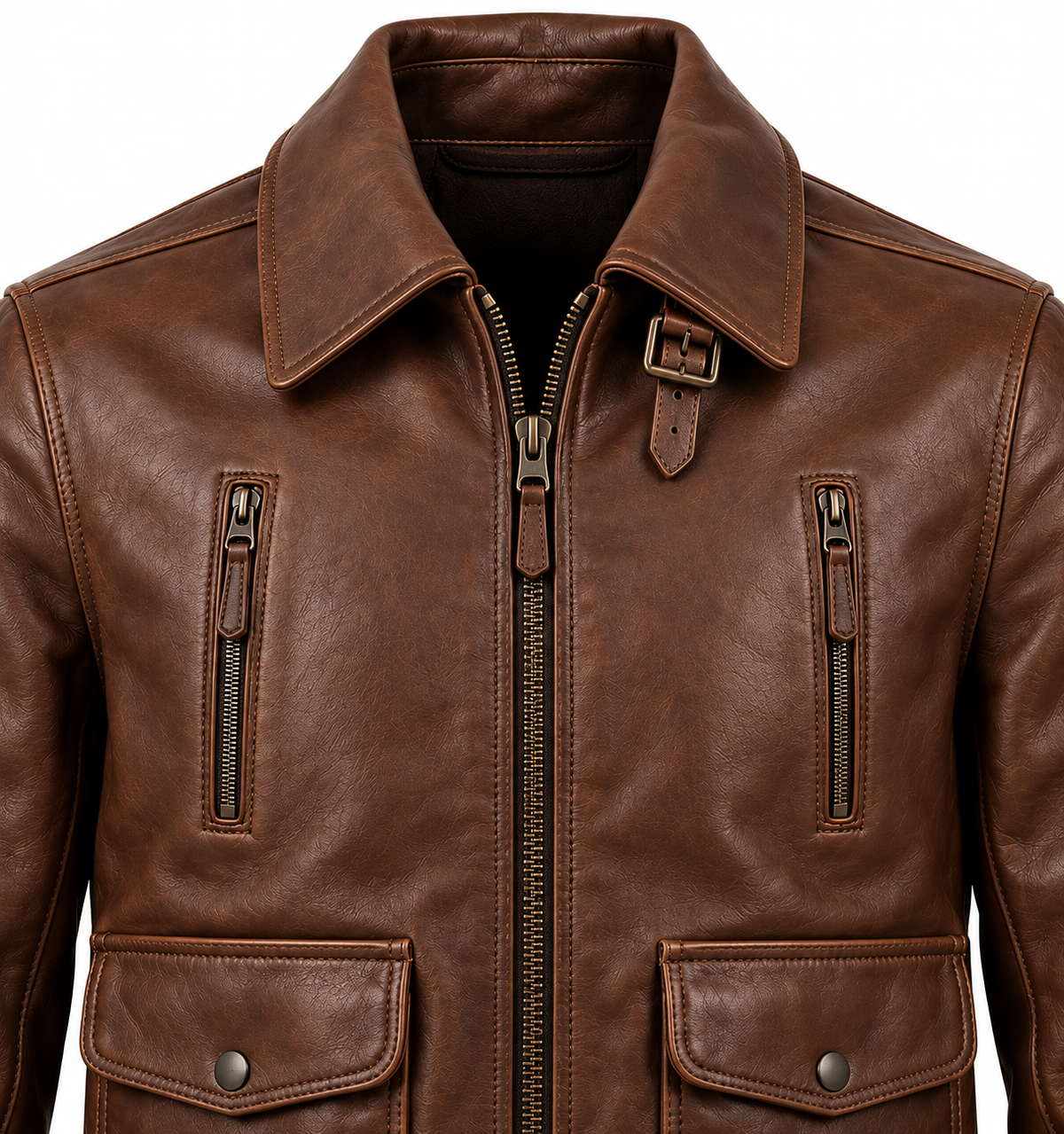 Men’s Brown Sheepskin Leather Buckle-Throat Aviator Jacket — J033