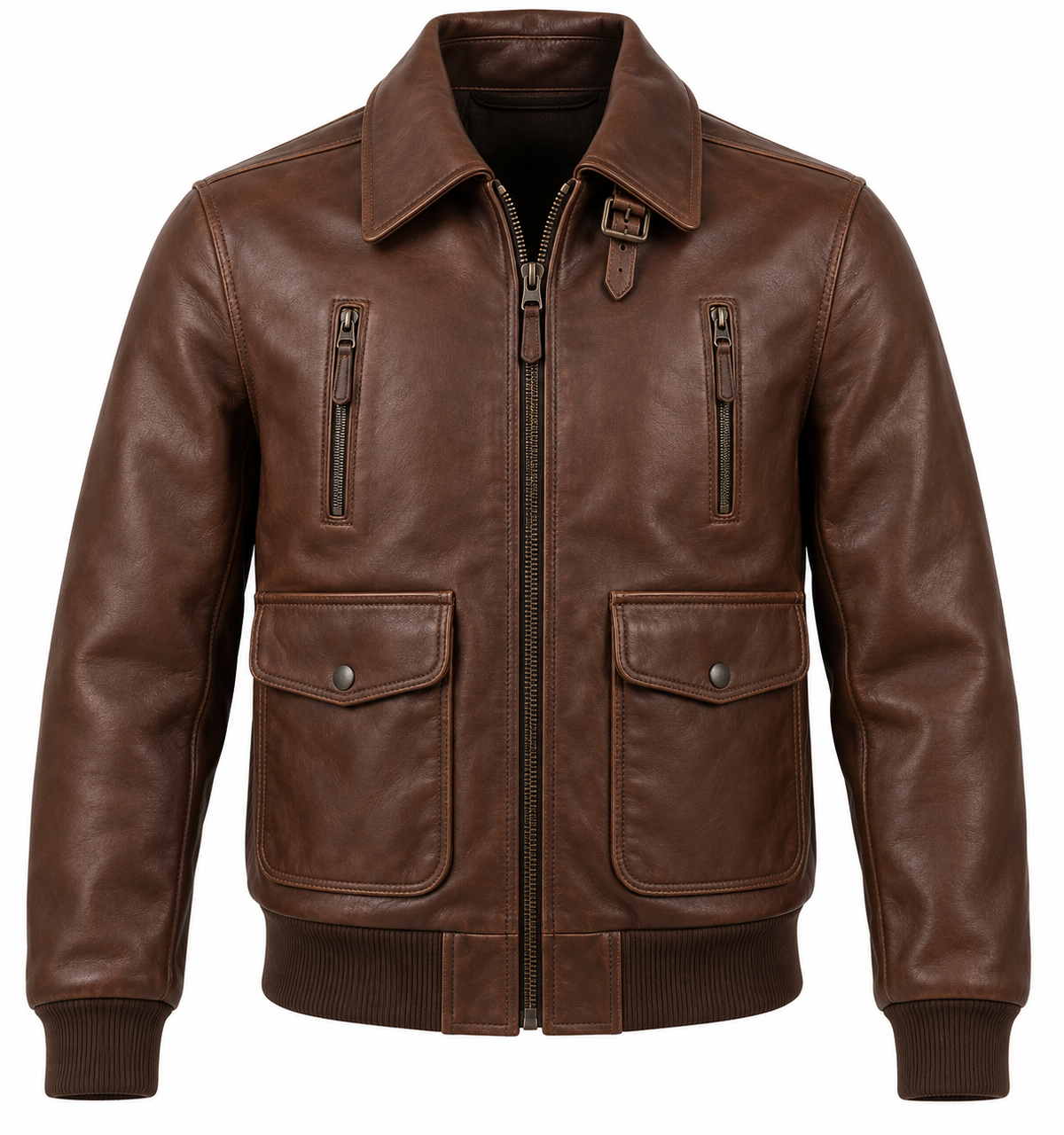 Men’s Brown Sheepskin Leather Buckle-Throat Aviator Jacket — J033