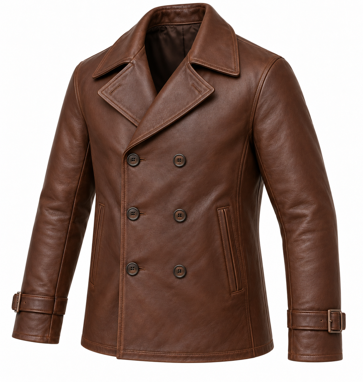 Men’s Brown Sheepskin Leather Double-Breasted Peacoat Jacket — J034