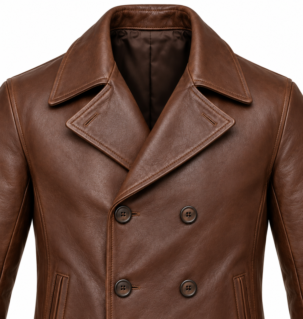 Men’s Brown Sheepskin Leather Double-Breasted Peacoat Jacket — J034