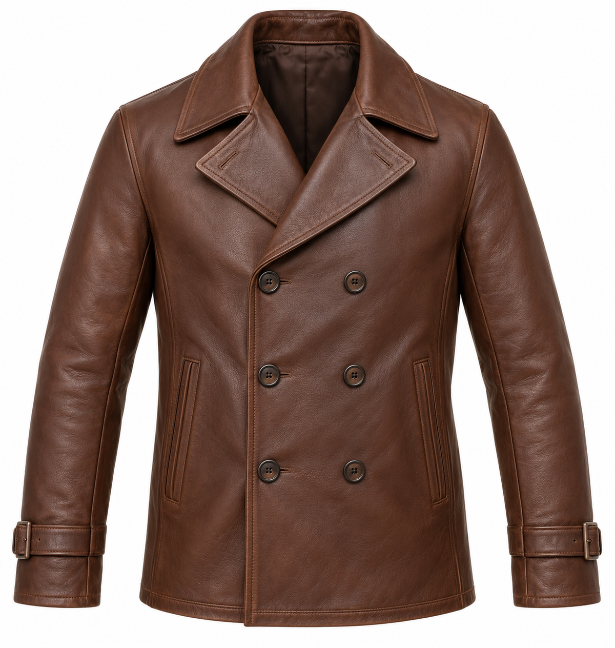 Men’s Brown Sheepskin Leather Double-Breasted Peacoat Jacket — J034