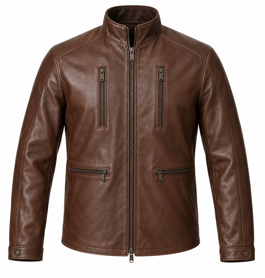 Men’s Brown Sheepskin Leather Mandarin Four-Zip Jacket — J036